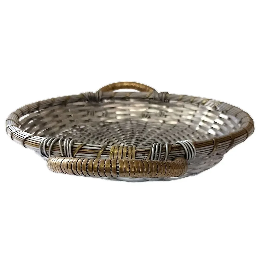 Vintage Woven Metal Wire Basket Tray Handles Silver Tone Rustic Farmhouse Tuscan